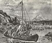 unknow artist, Lewis and Clark in an cannon pa Columbia river anti closed of their fard vasterut tvars over America 1895